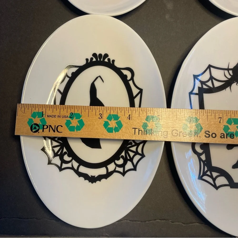 Crate & Barrel Halloween Appetizer Plates Oval Set of 4 Witch Silhouettes